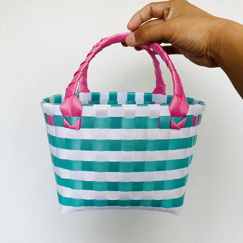 Women's PVC Color Block Plaid Vacation Weave Square Open Square Bag