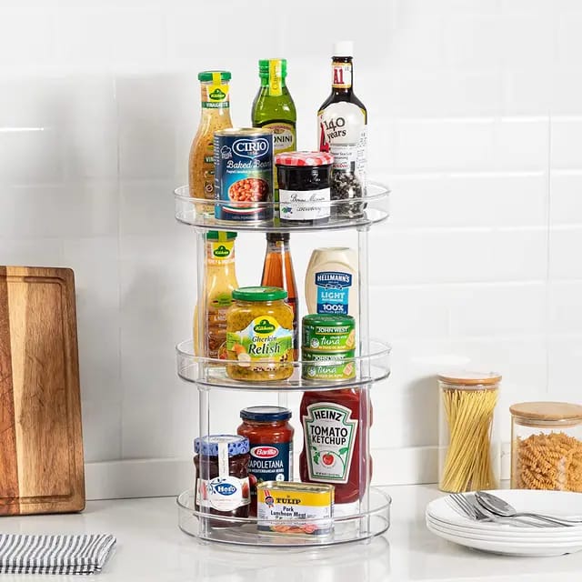 3 Tier Clear Lazy Susan Organizer. 9-Inch Rotating Lazy Susan Turntable for Cabinet Plastic Lazy Susan Spice Rack Organizer