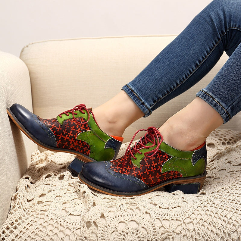 Women Fashion Brogue Oxfords With Printing Lace-up Shoes in Blue