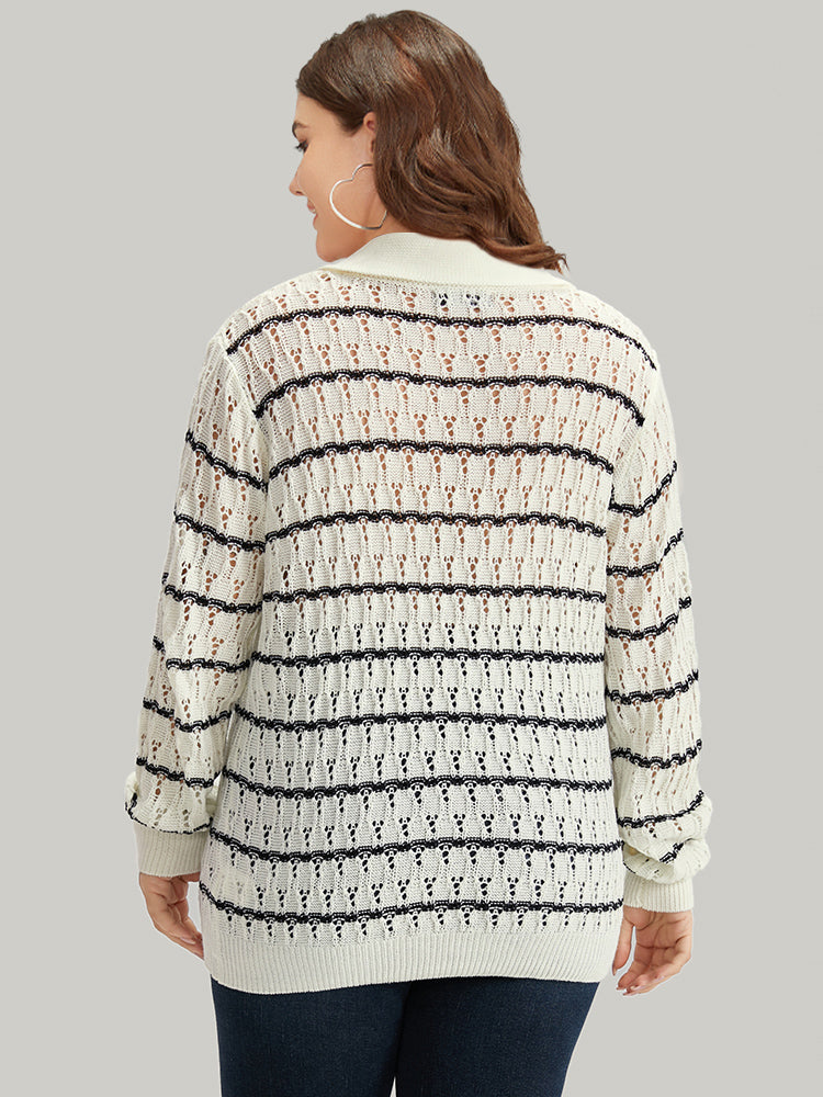 Striped Hollow Out Lapel Collar Pullover