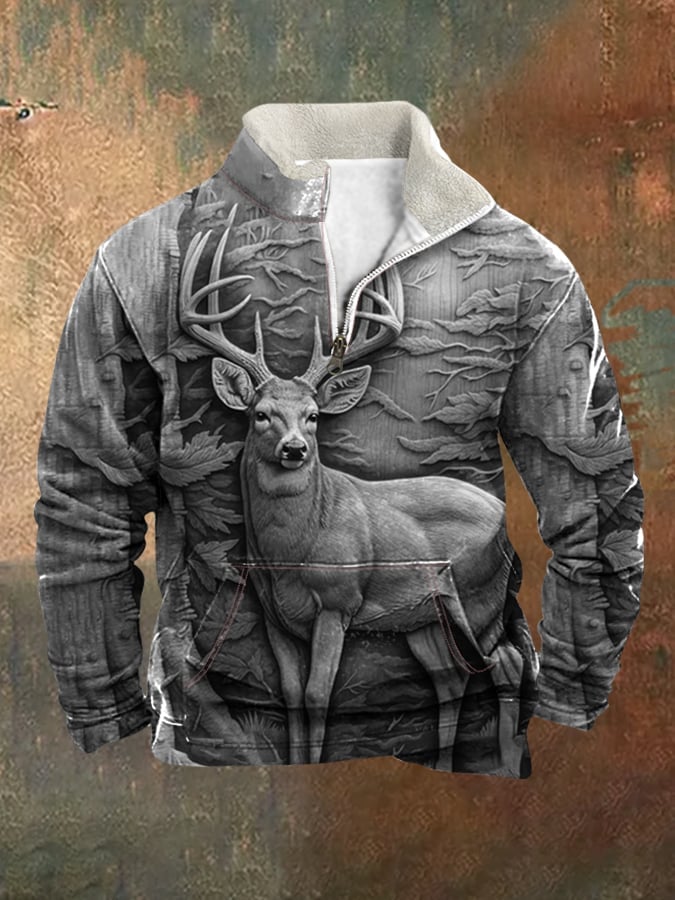 Men's Retro Western Style 3D Deer Print Fur Collar Zipper Sweatshirt