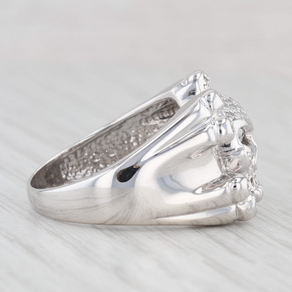 0.15ctw Diamond Skull Cross Bones Ring 14k White Gold Size 12.25 Biker