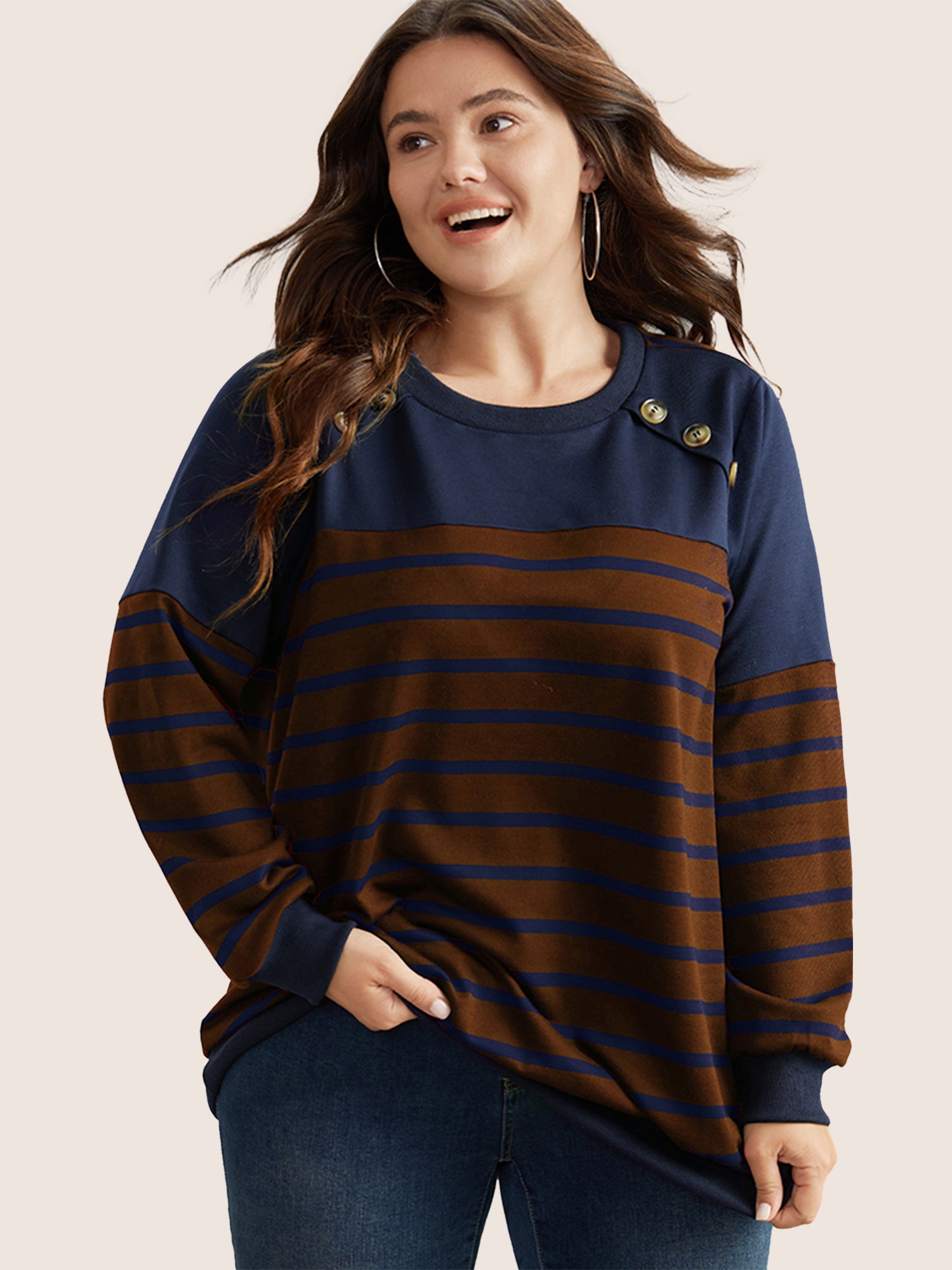 Striped Patchwork Button Detail Sweatshirt