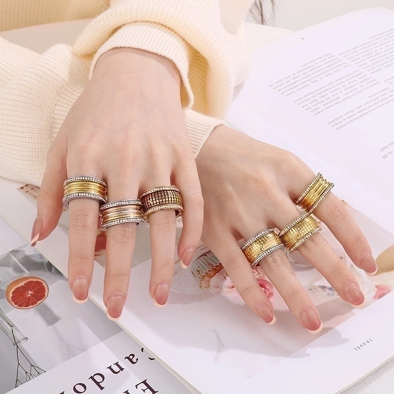 Lady Roman Numeral Titanium Steel Rhinestones 18K Gold Plated Inlay Rings