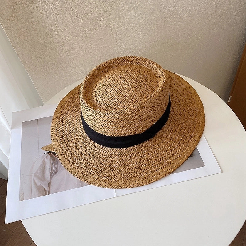 Women's Minimalist Classic Style Color Block Flat Eaves Straw Hat