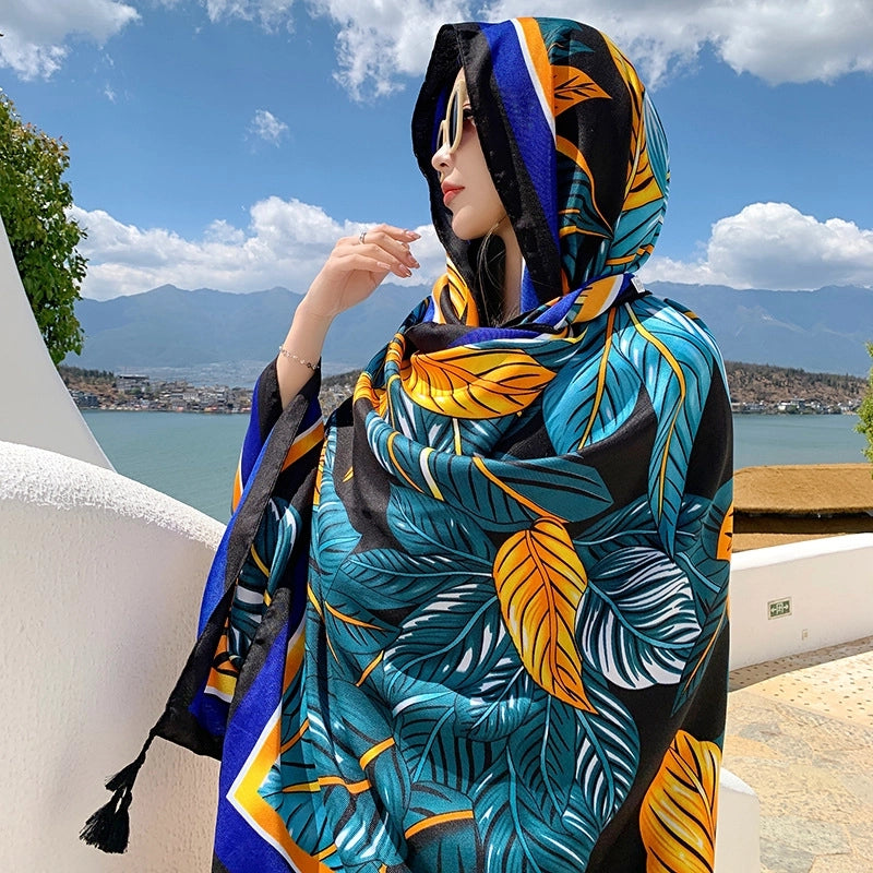 Silk Scarf Women's Summer Seaside Beach Sunscreen Shawl Scarf Dual-use  Long Ethnic Style Plus Size Travel Silk Scarf