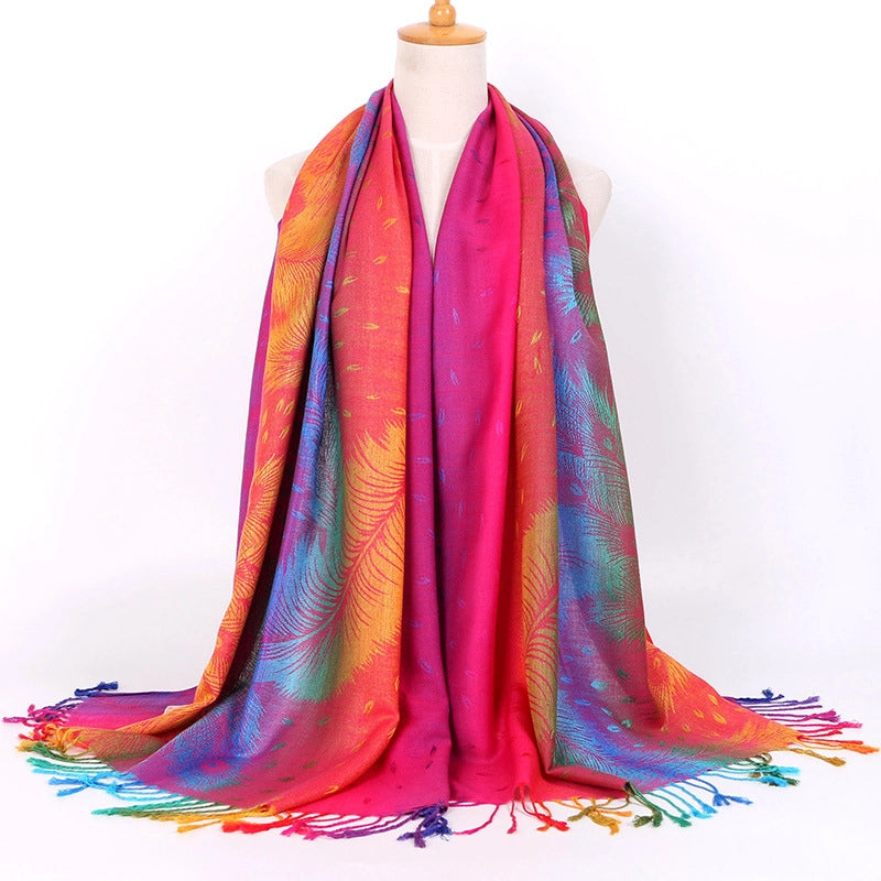 Ethnic Style Women's Vintage Jacquard Scarf Jacquard Cotton Feather Travel Spring And Autumn Long Shawl Warm Air Conditioning D01