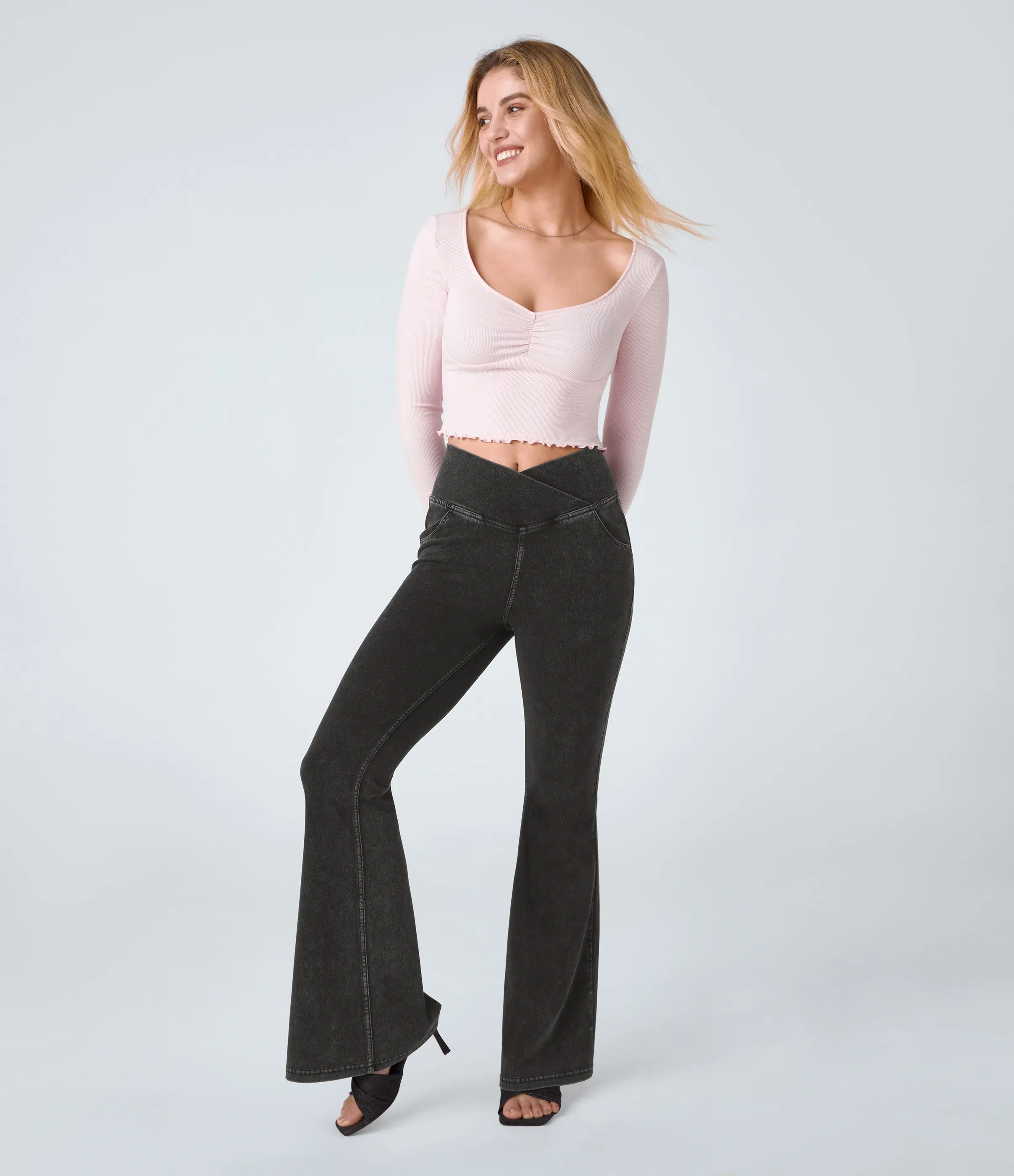 ⚡8 Packs for $25.95⚡- High Waisted Crossover Pocket Washed Stretchy Knit Casual Super Flare Jeans