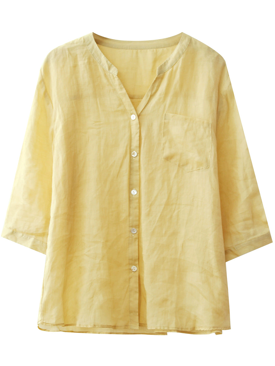 Women Summer Vintage Pure Color V-Neck 100%Ramie Shirt