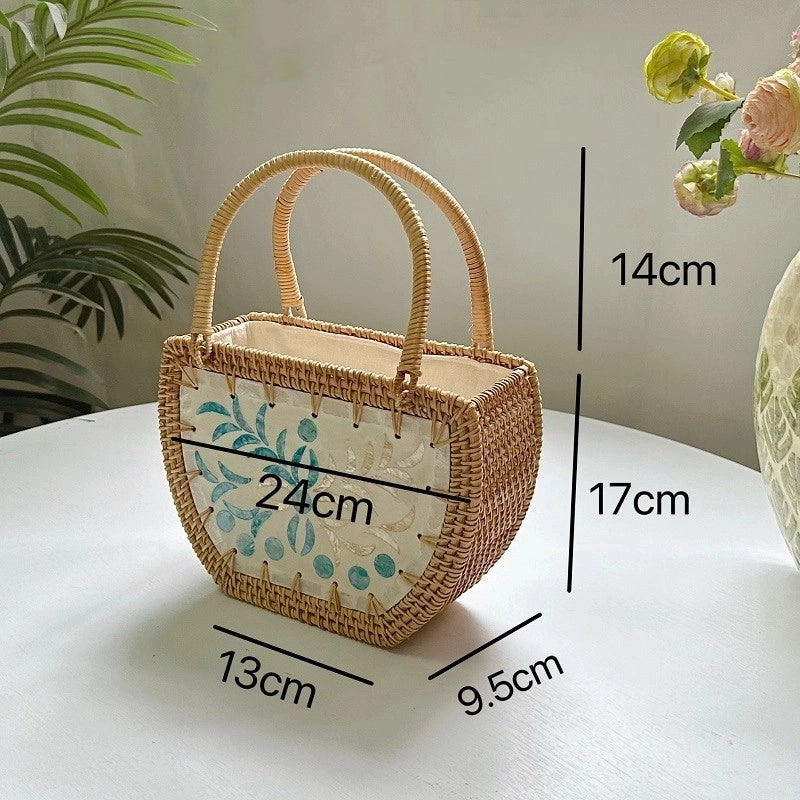 Women's Medium Straw Flower Vintage Style Beach Weave String Straw Bag