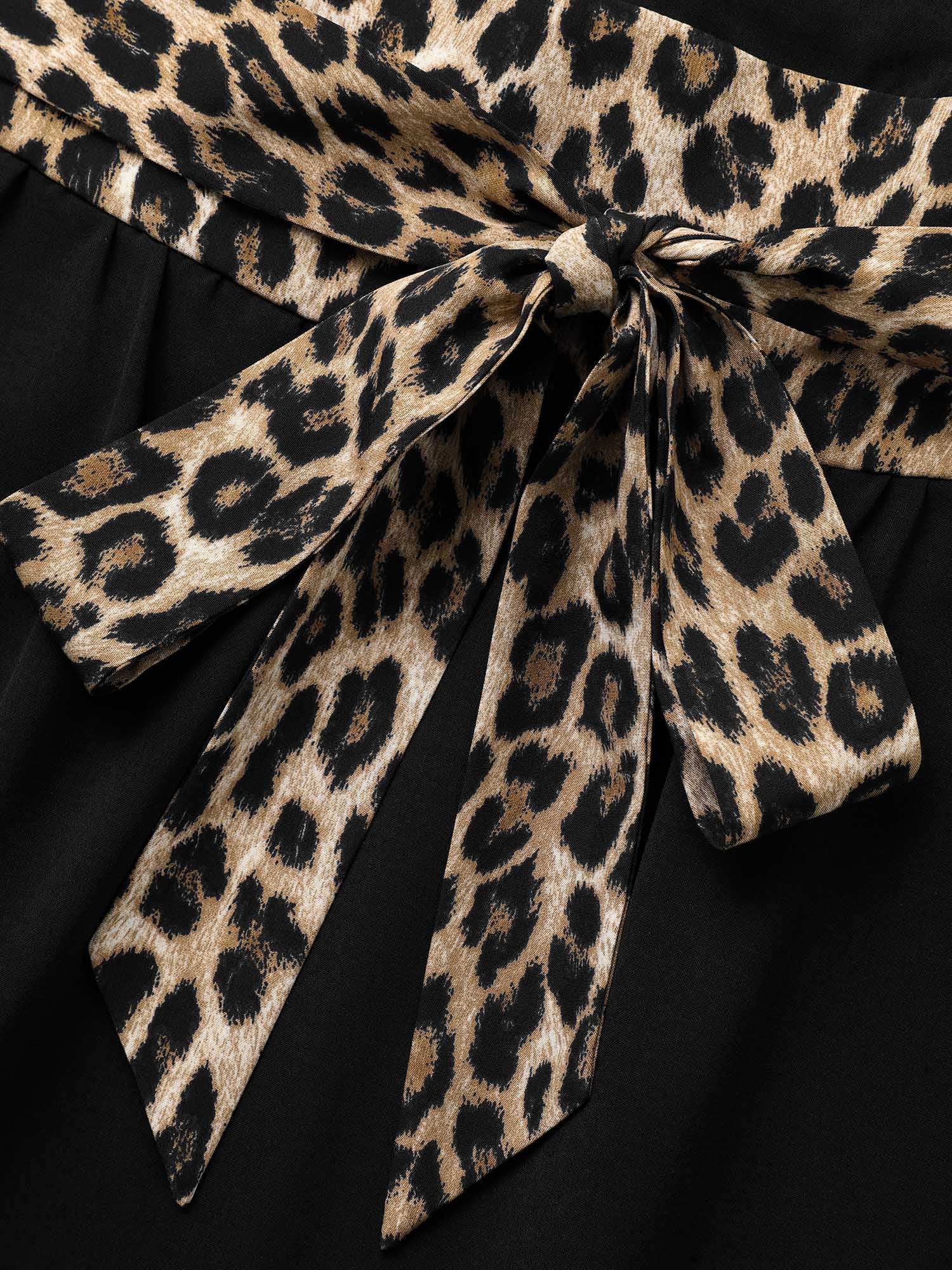 Notched Collar Leopard Print Patchwork Dress