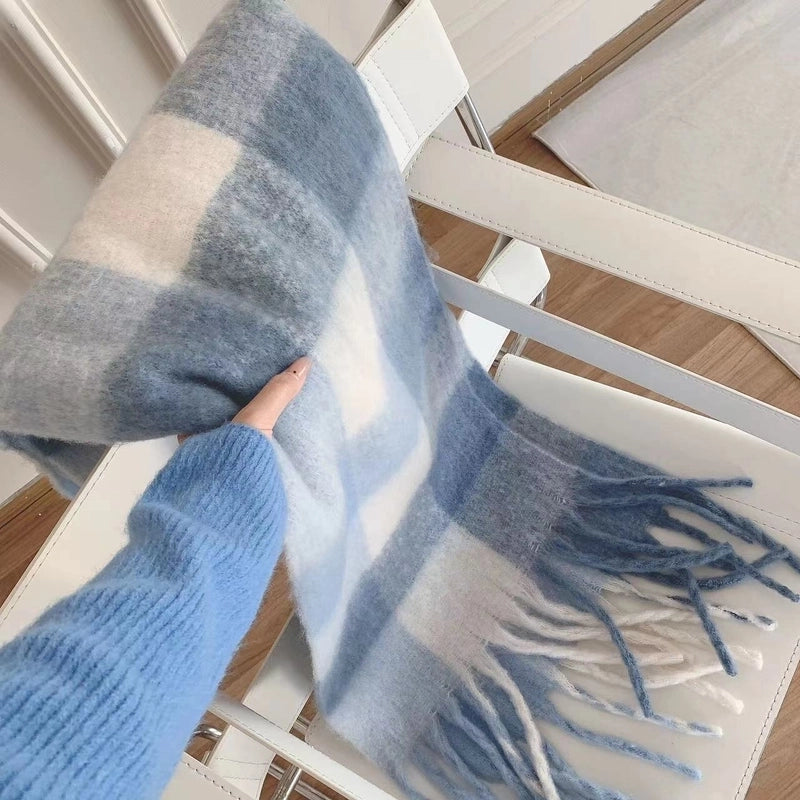 Plaid Tassel Scarf Women's Autumn And Winter Rainbow Brand Color-matching Imitation Cashmere Mahair Shawl Thickened Scarf