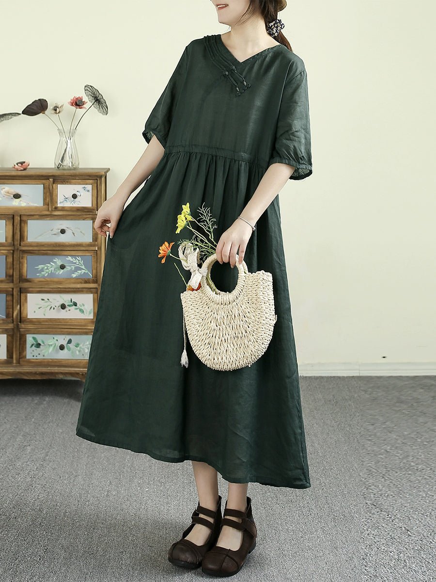 Women Summer Artsy Pure Color V-Neck 100%Ramie Dress