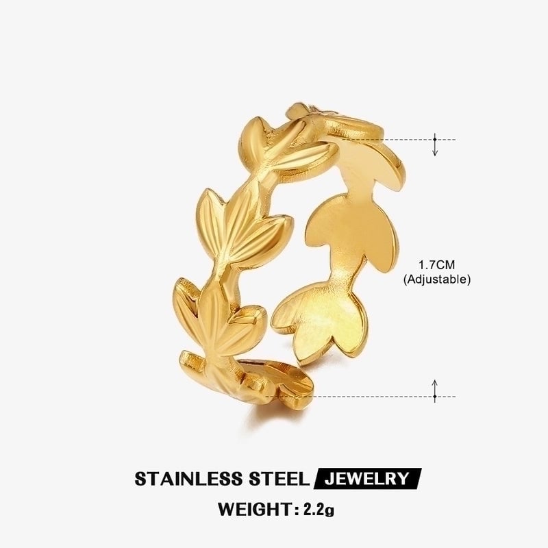 304 Stainless Steel 18K Gold Plated Minimalist Plating Leaf Open Ring