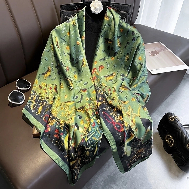 Classic Blue Orange Big Flower Simulation Silk Scarf Large Square Shawl