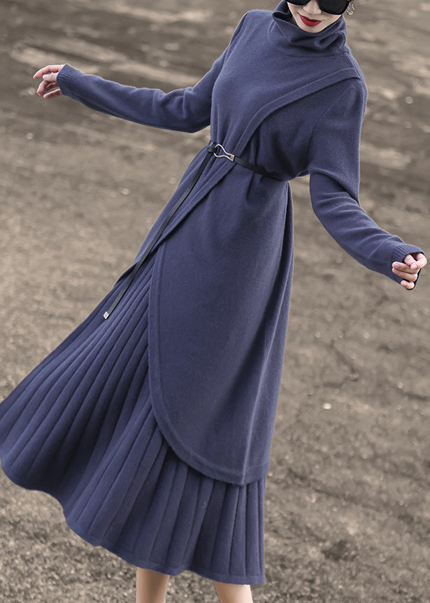 New Blue Turtleneck Tops And Skirts Wool Knit Two-Piece Set Spring