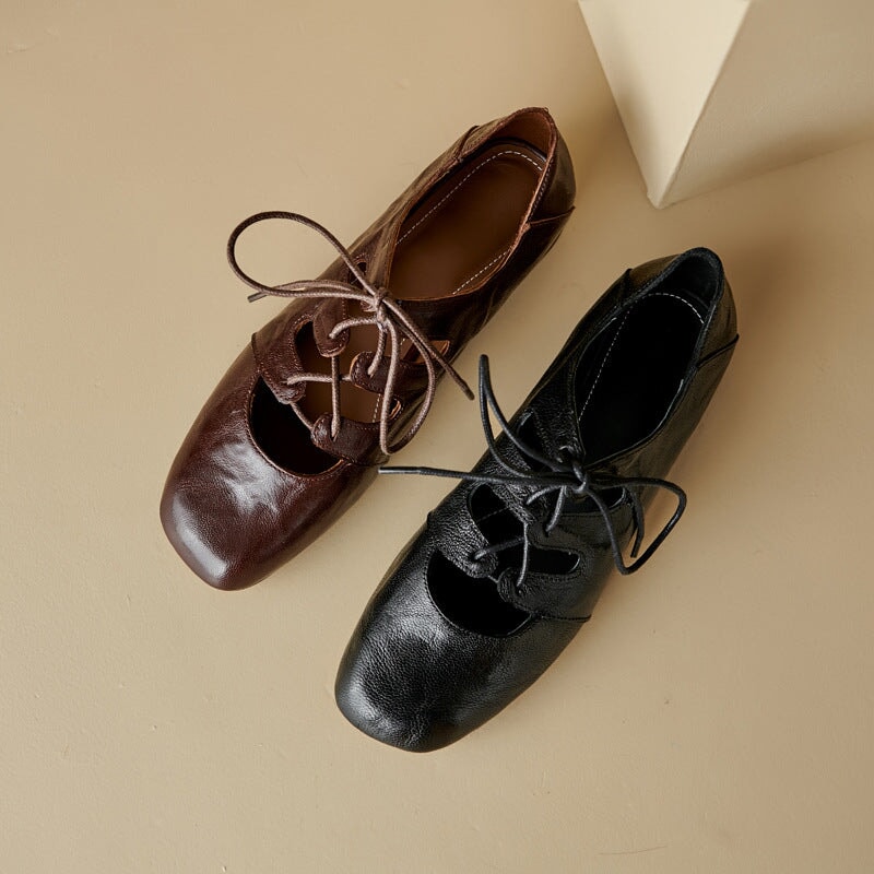 Retro Lace Up Sheepskin Shoes For Women Square Toe Flats in Black/Coffee
