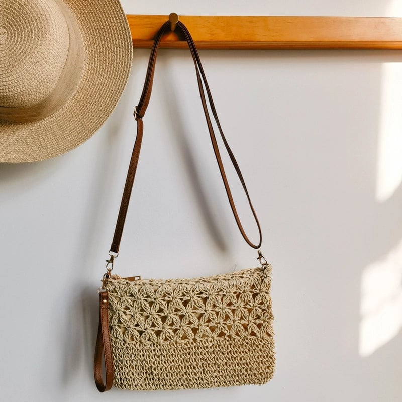 Women's Straw Solid Color Basic Square Zipper Clutch Bag Crossbody Bag Straw Bag