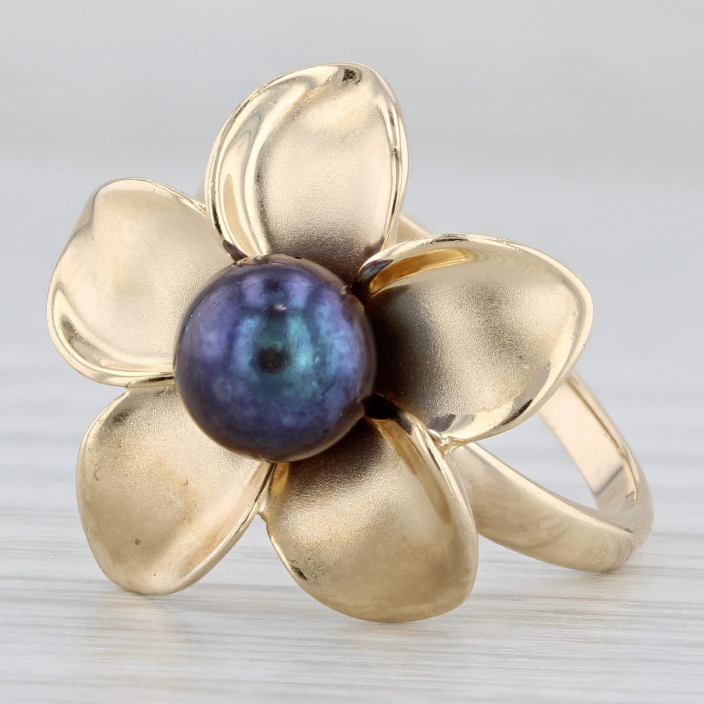 Black Cultured Pearl Flower Ring 14k Yellow Gold Size 6 Floral Statement