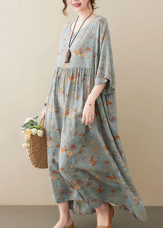 Elegant Grey O-Neck Patchwork Print Half Sleeve Summer Long Dress