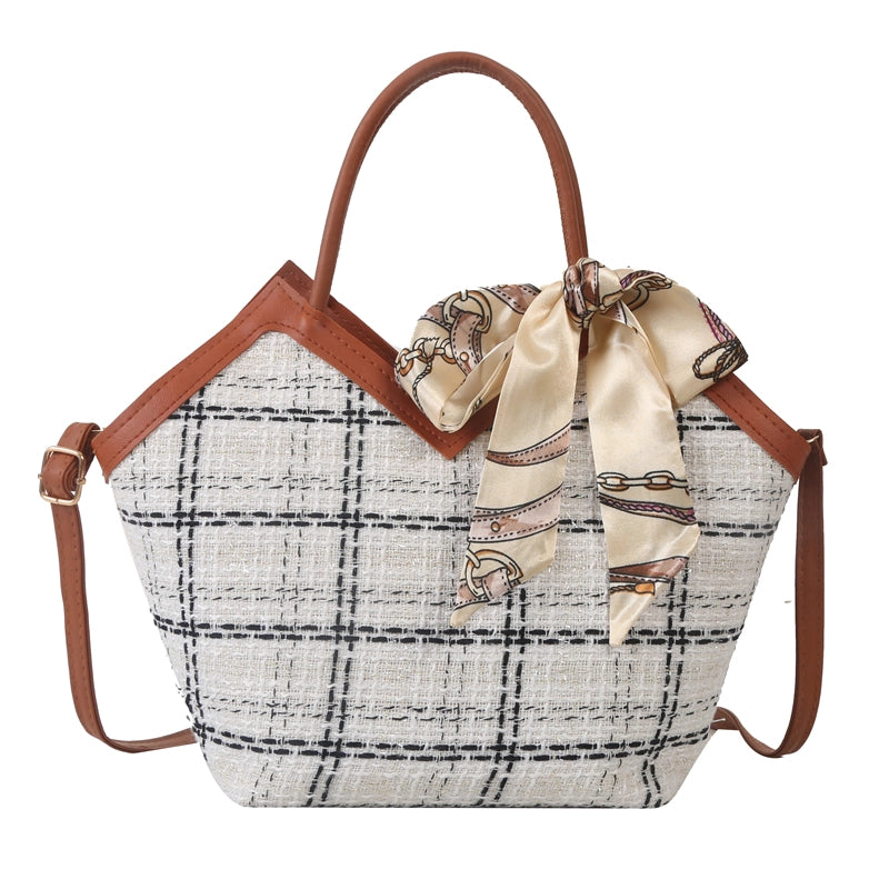 Women's Woolen Lattice Elegant Bucket Zipper Handbag