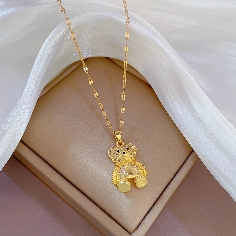 Minimalist Bear Titanium Steel Copper Plating Inlay Zircon Pendant Necklace
