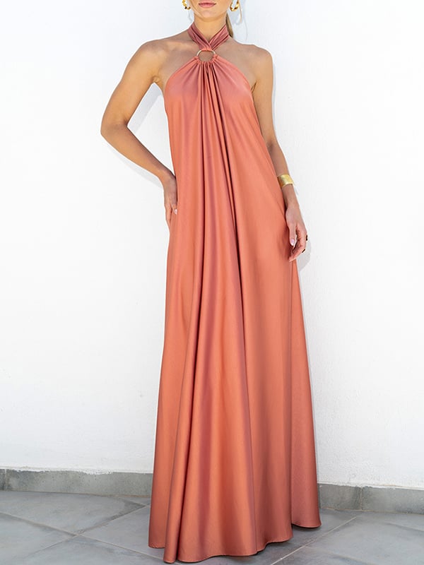 A-Line Loose Backless Solid Color Tied Halter-Neck Maxi Dresses