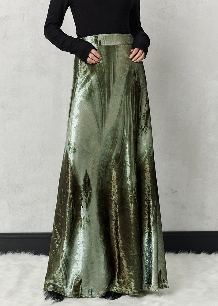 Green Original Design Silk Velvet Spring Skirts High Waist