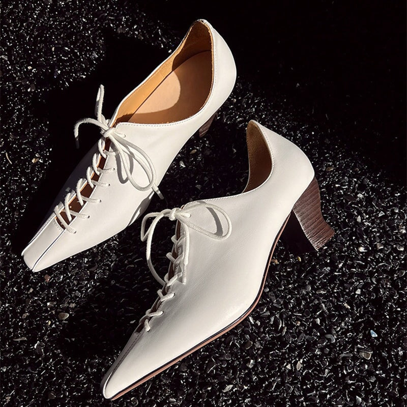55mm Kitten Heel Cross Strap Horsehide Point Toe Oxford Tie Pumps in Beige/Black/Brown