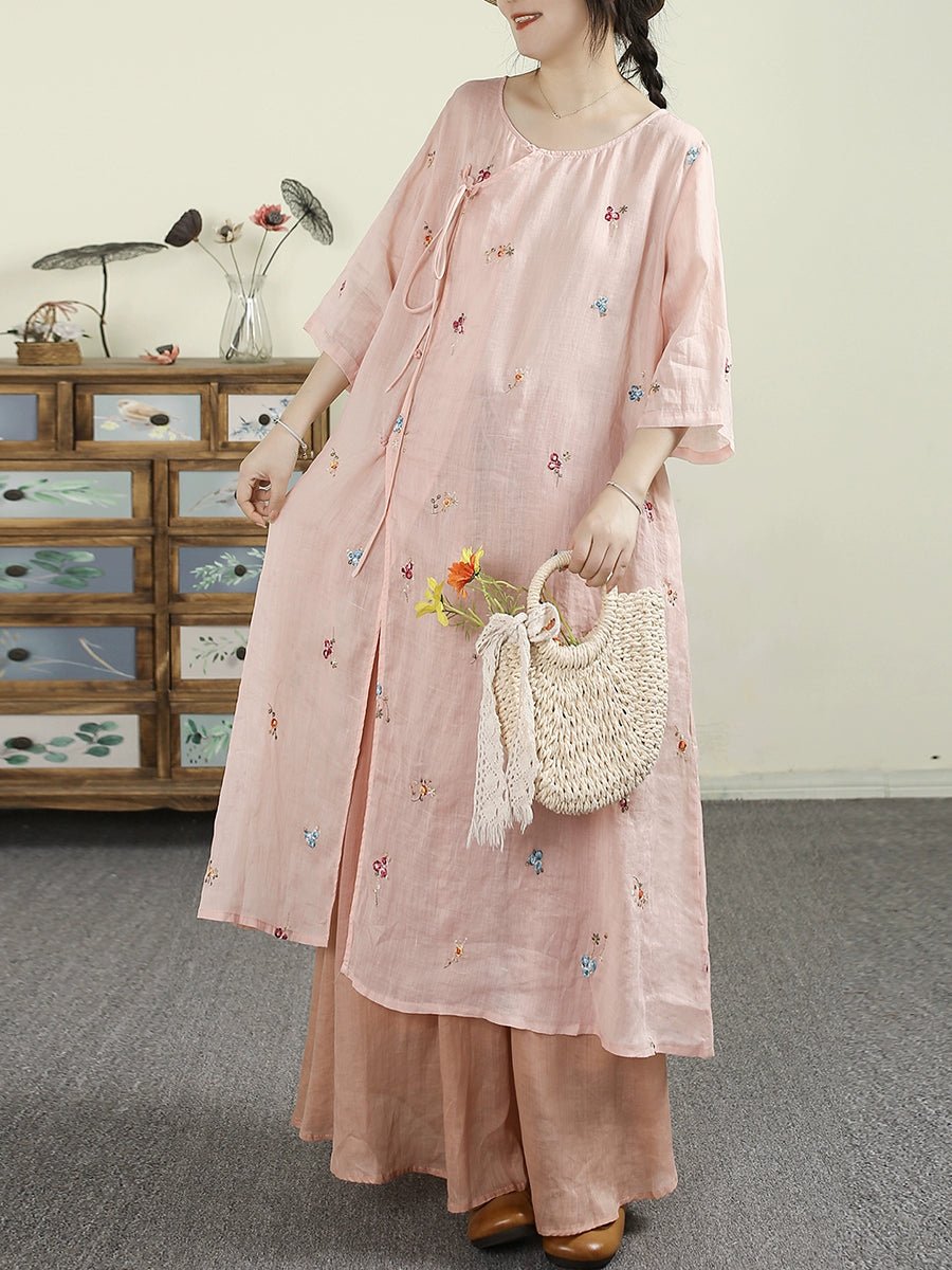 Women Summer Vintage Floral Embroidery 100%Raime Shirt