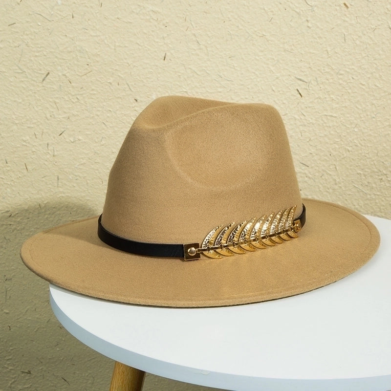 Unisex Retro Classic Style Leaves Solid Color Belt Buckle Wide Eaves Fedora Hat