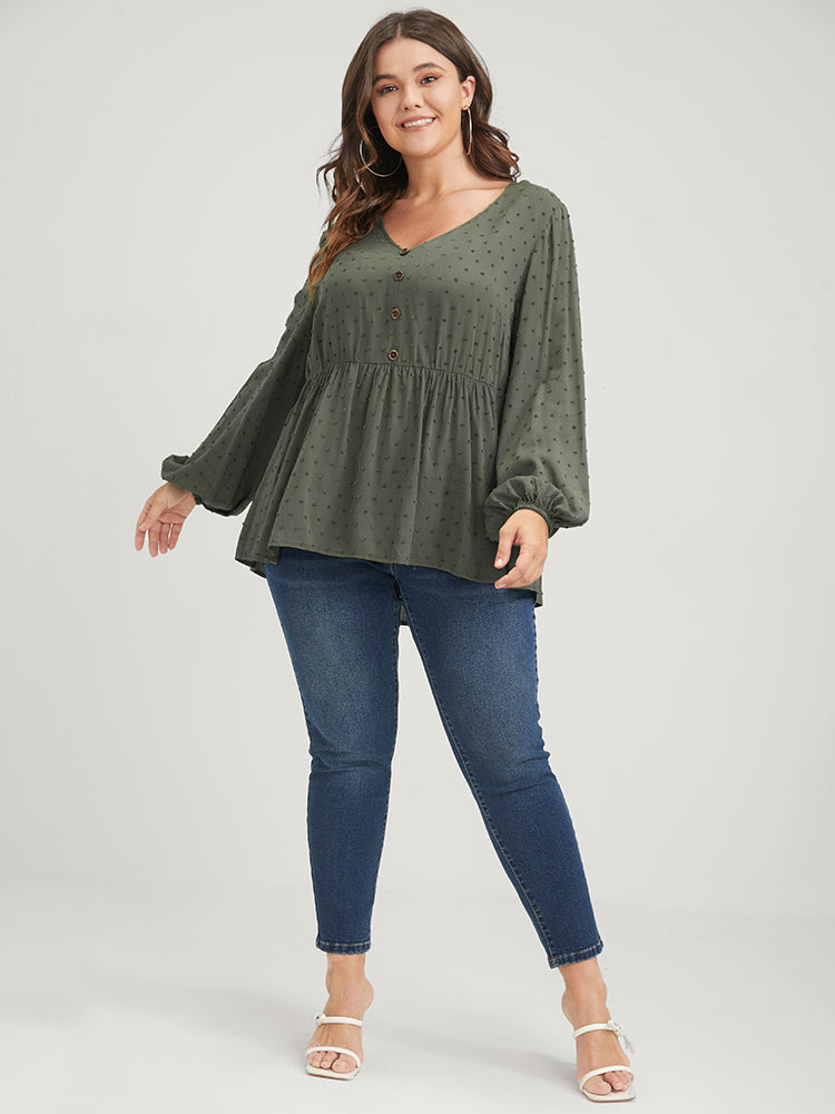 Polka Dot Flutter Button Detail Lantern Sleeve Blouse
