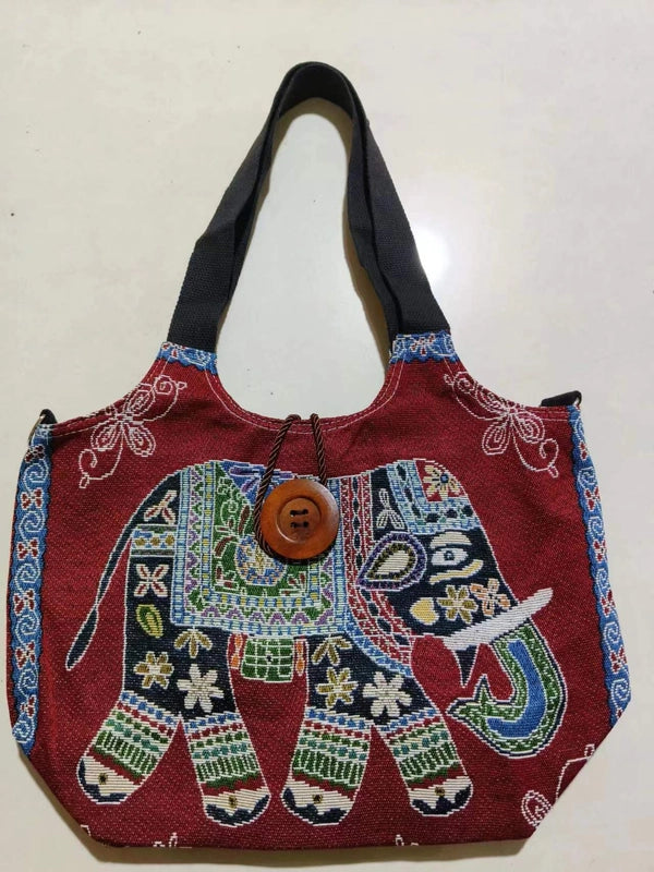 Women's Large Canvas Elephant Ethnic Style Square Zipper Shoulder Bag