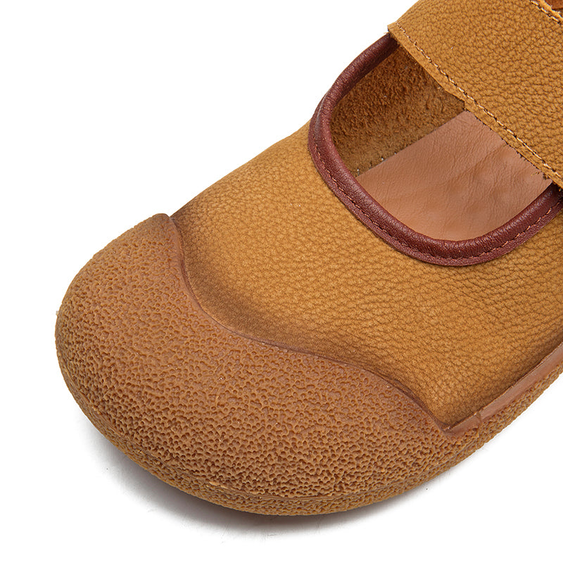 Soft Leather Mary Jane Shoes Rubber-toe Casual Flats with Velcro Strap in Yellow Brown