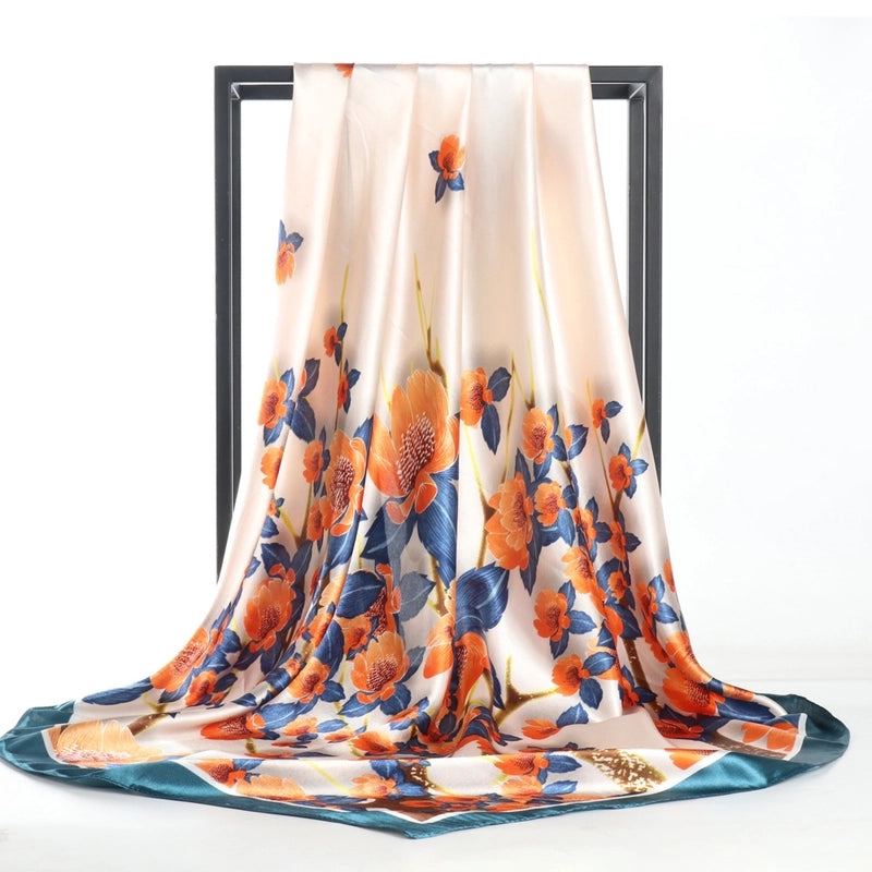 Women's Elegant Formal Peacock Flower Satin Silk Scarf