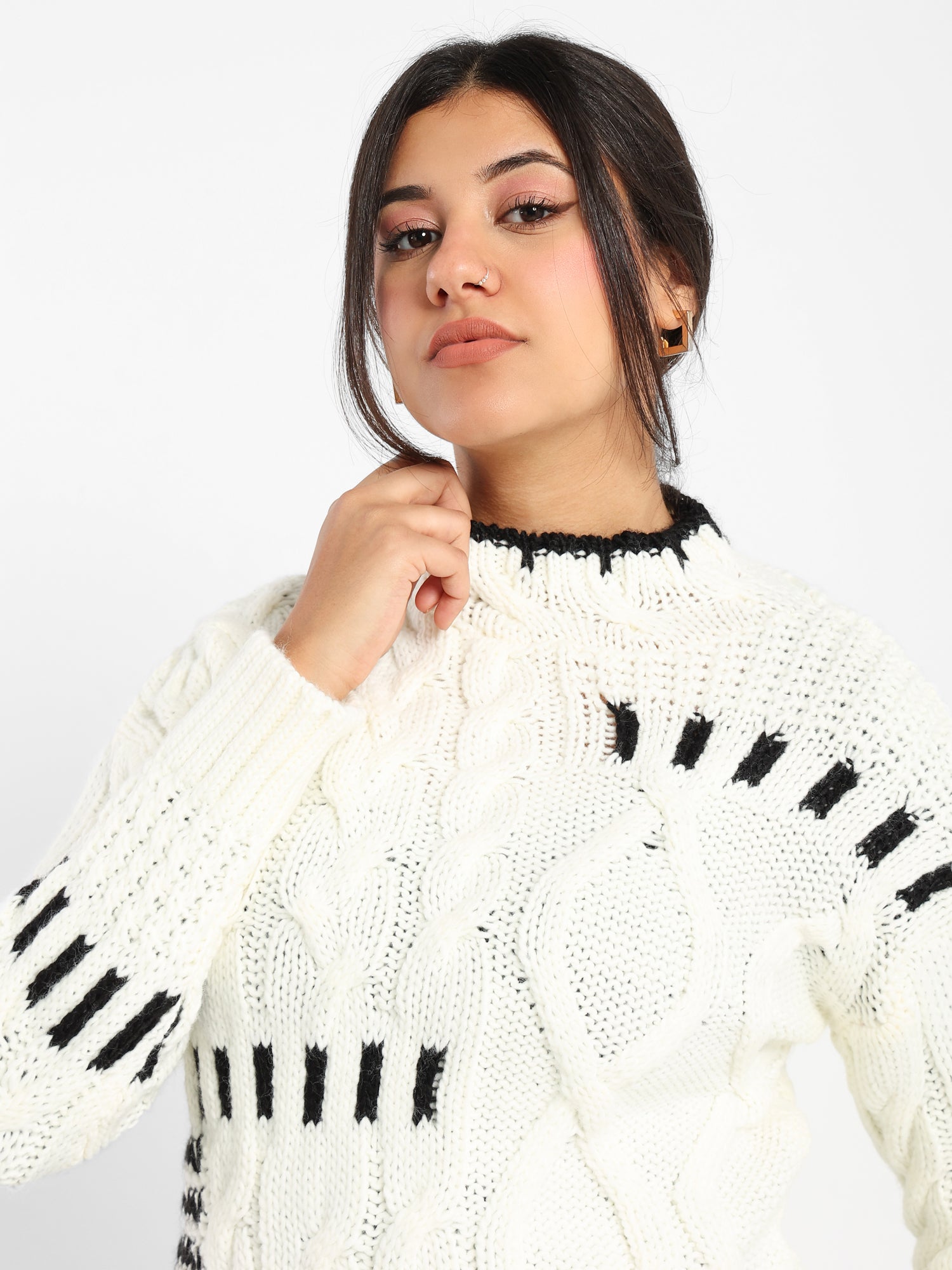 Mixed Knit Sweater with Contrast Trim