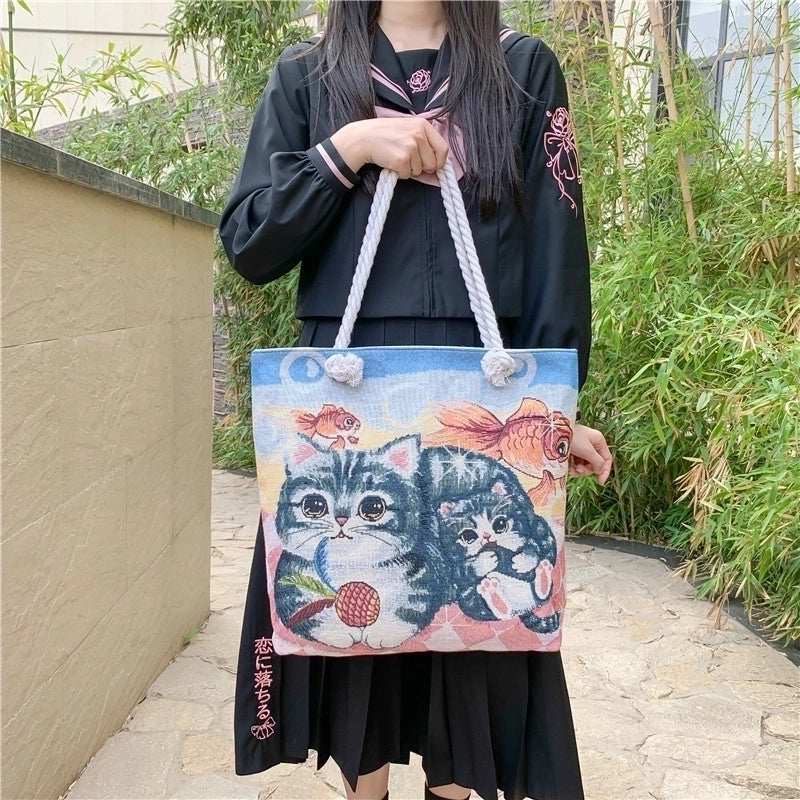 Women's Basic Cat Canvas Shopping Bags