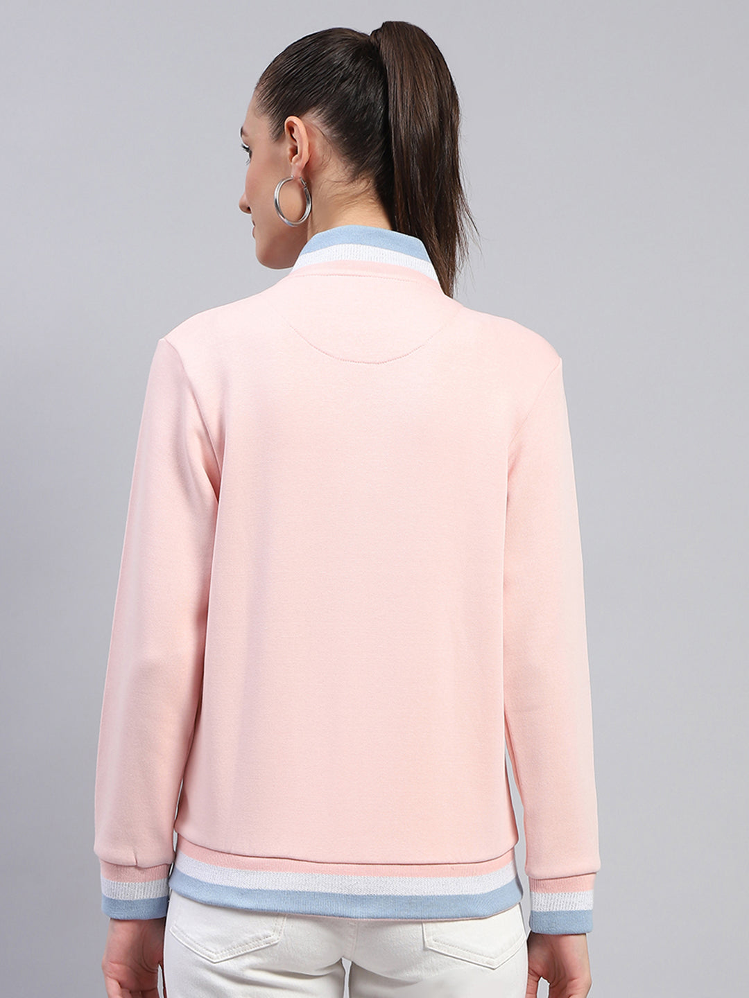 Women Pink Solid Mock Neck Full Sleeve Sweatshirt