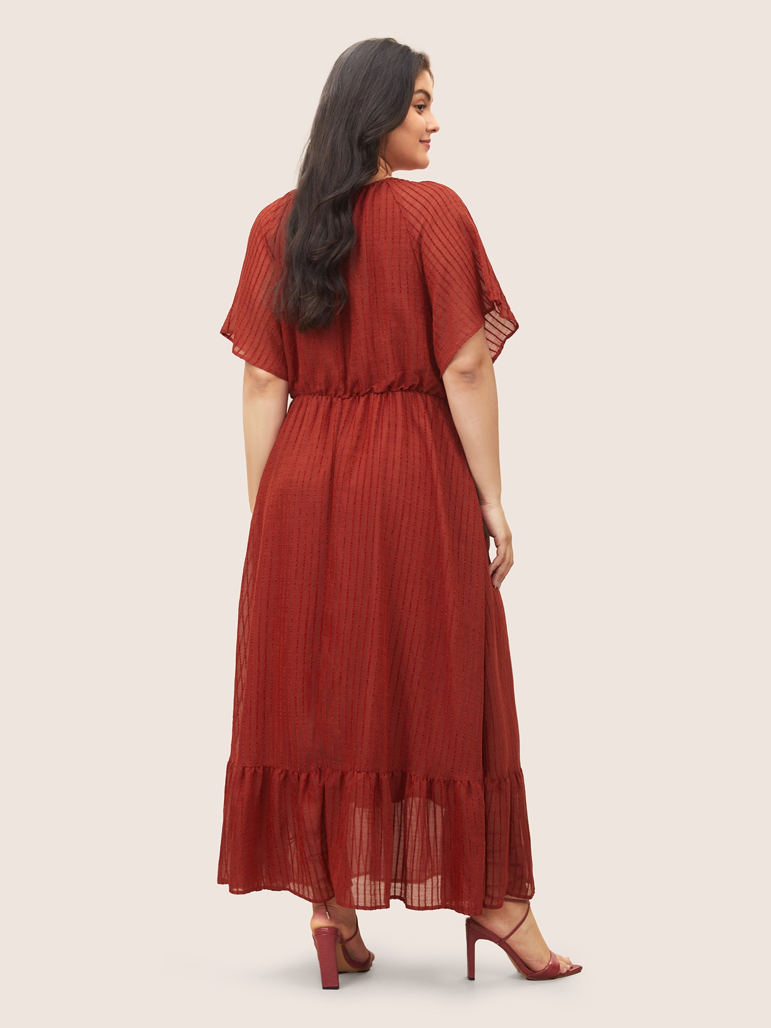 Solid Striped Notched Ties Up Pocket Flutter Maxi Dress