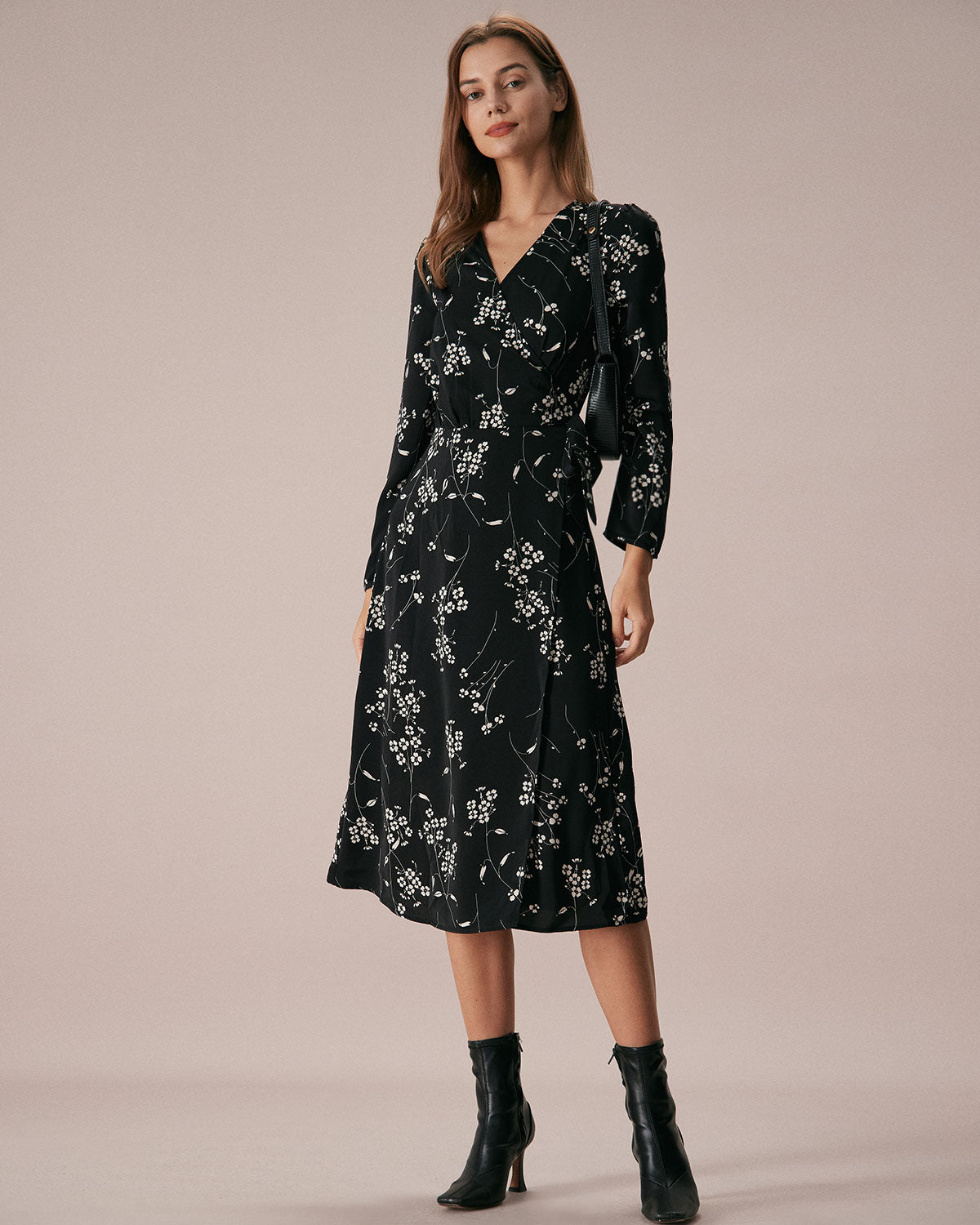 The Black V Neck Wrap Floral Midi Dress