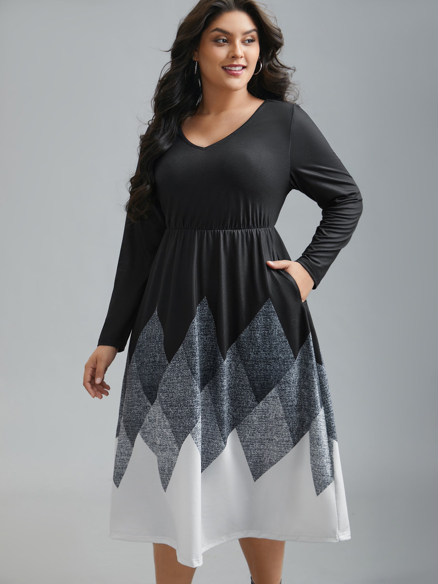 V Neck Ombre Print Spliced Midi Dress