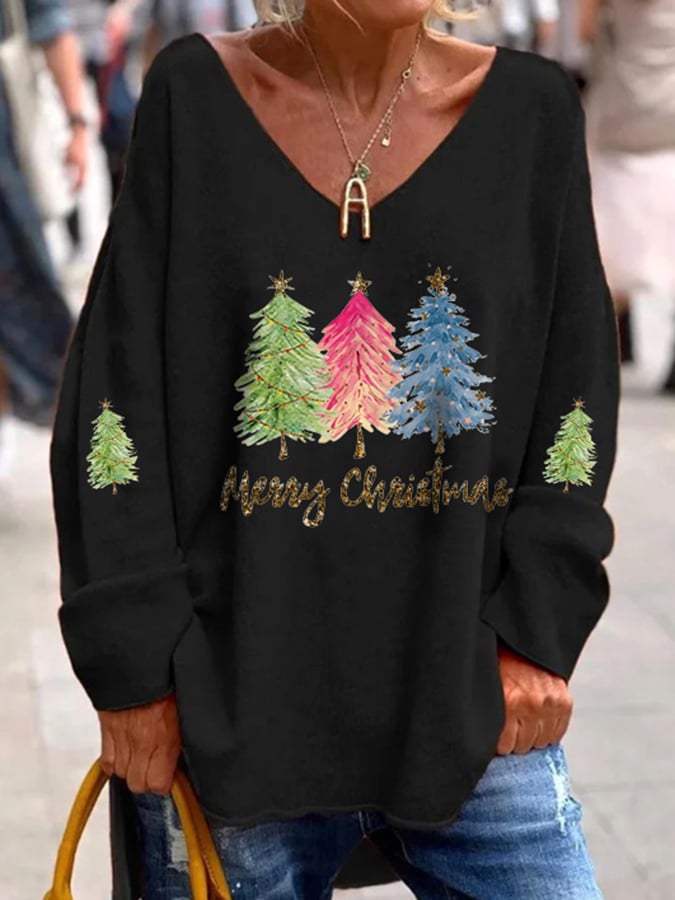 Women's Sequined Christmas Tree Print Long Sleeve T-Shirt