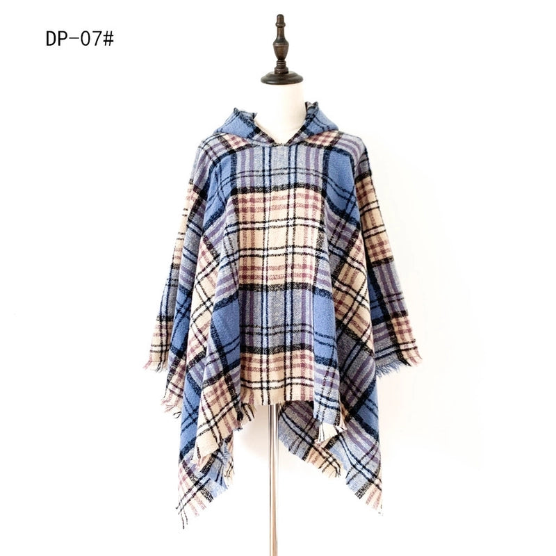 Direct New Cape Europe And The United States Spring And Autumn And Winter New Barbed Wool Pullover Plaid Hat Cape Shawl