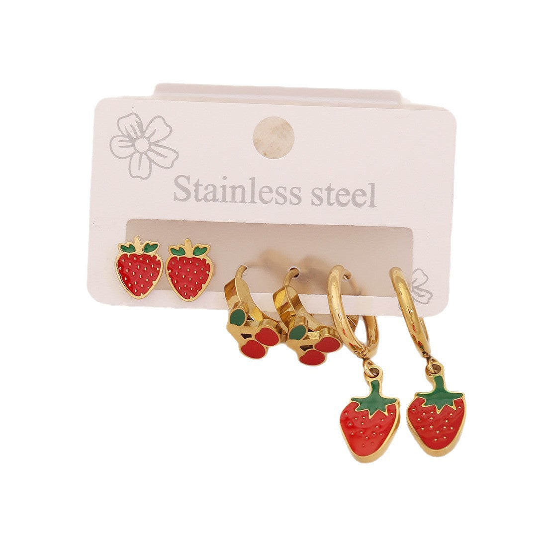 3 Pairs Of Cherry Strawberry Earrings Cute Stainless Steel Earrings For E623