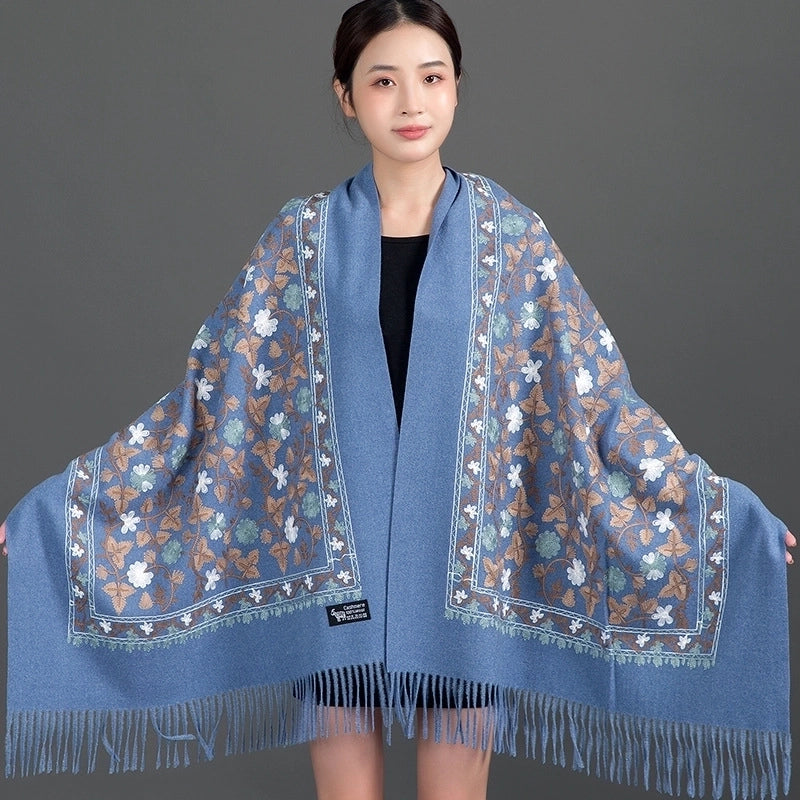 Embroidered Imitation Wool Cashmere Scarf Women's Autumn And Winter Cheongsam Air Conditioning Shawl Summer Outer Wear Multi-purpose Mother Style