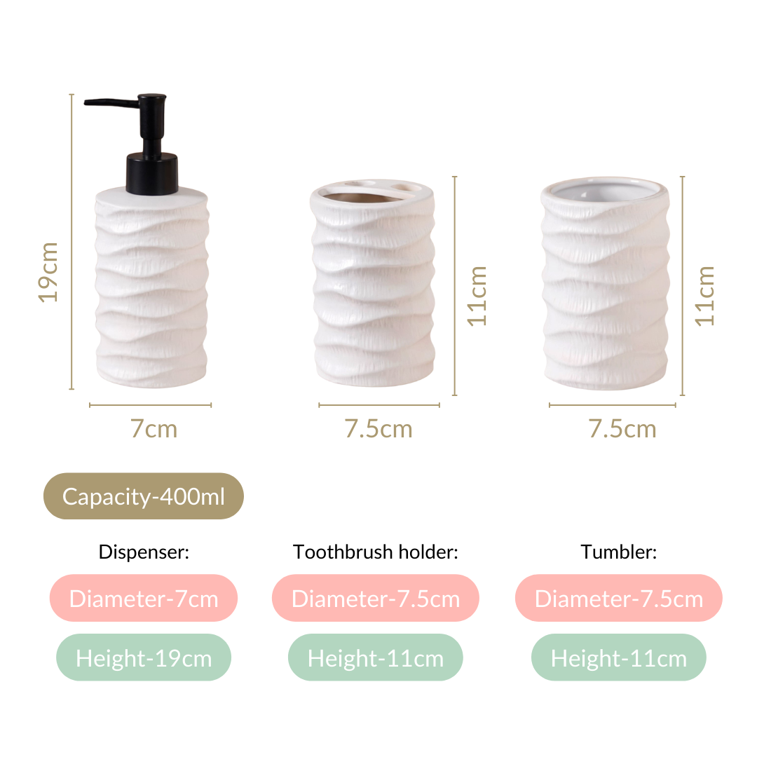 Ripple Design Bathroom Set Of 3 Matte White