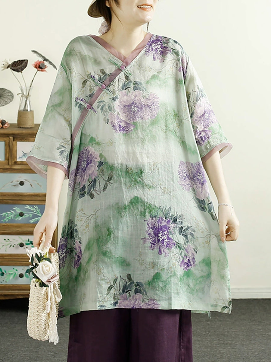 Women Summer Ethnic V-Neck Flower 100%Ramie Shirt