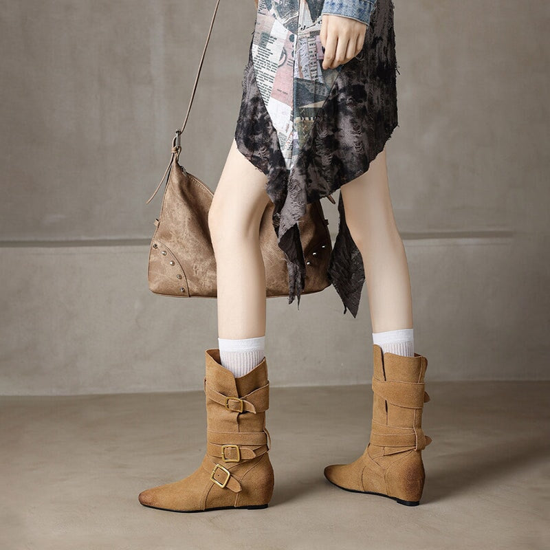 Womens Suede?Leather Mid Calf Boots 45mm Block Heel with Buckles In Khaki/Brown