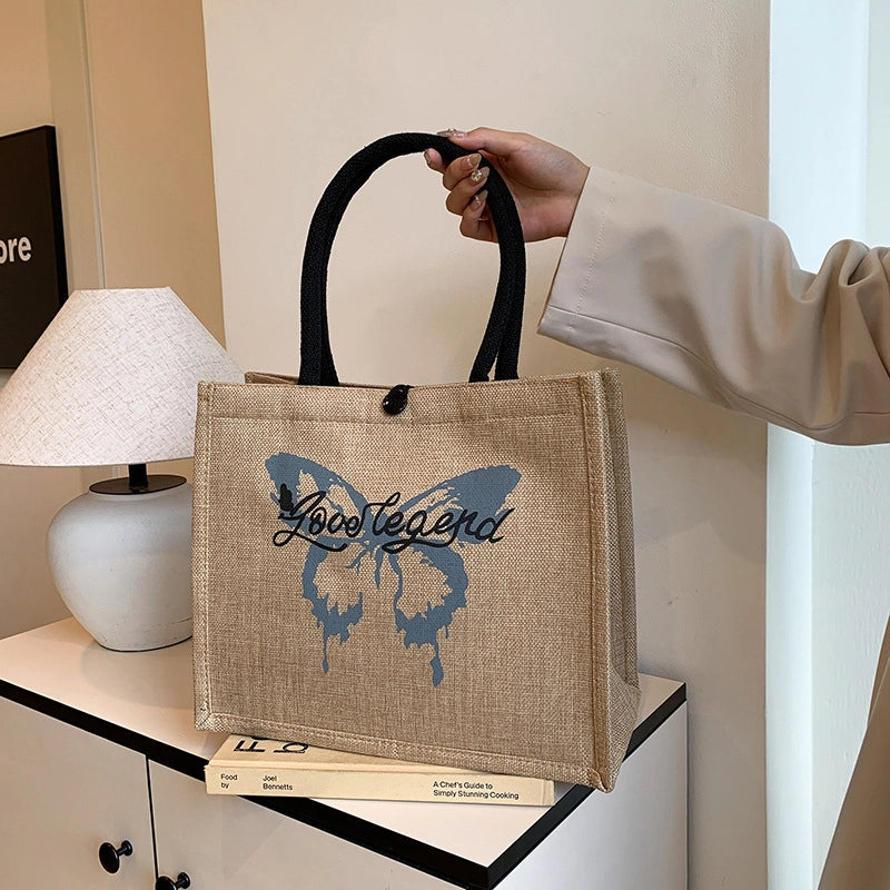 Women's Large Cotton And Linen Letter Butterfly Elegant Streetwear Square Lock Clasp Handbag