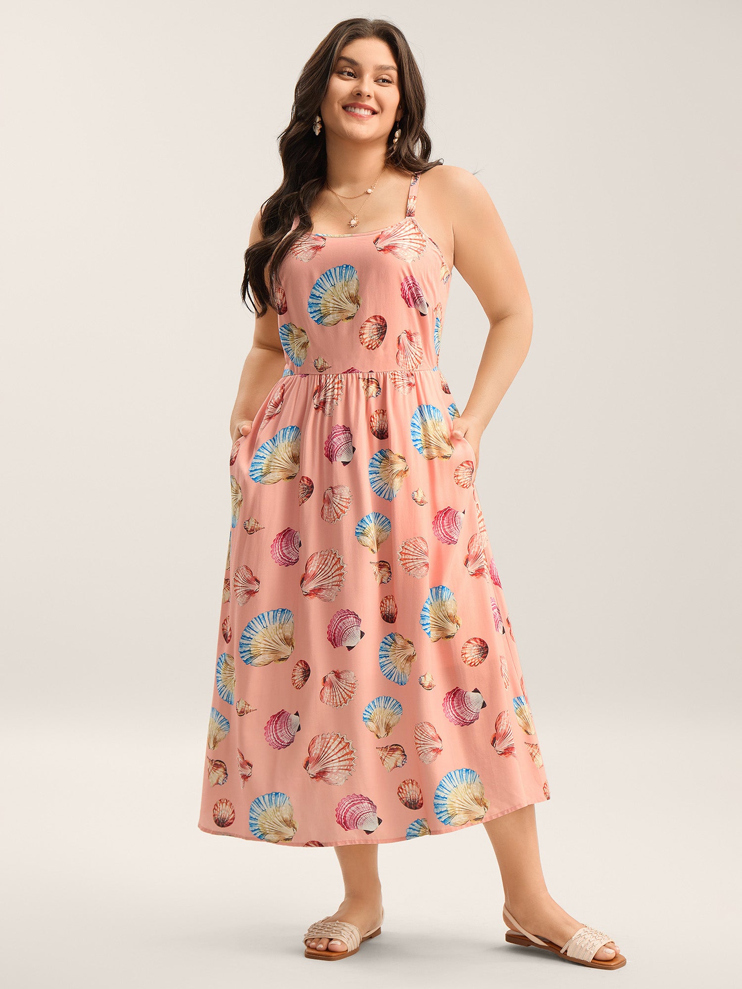 Rayon Adjustable Strap Shell Print Midi Dress